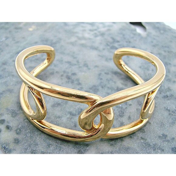 Napier Interlinking Oval Link Open Cuff Gold Bangle Bracelet Modernist Statement - Picture 4 of 8